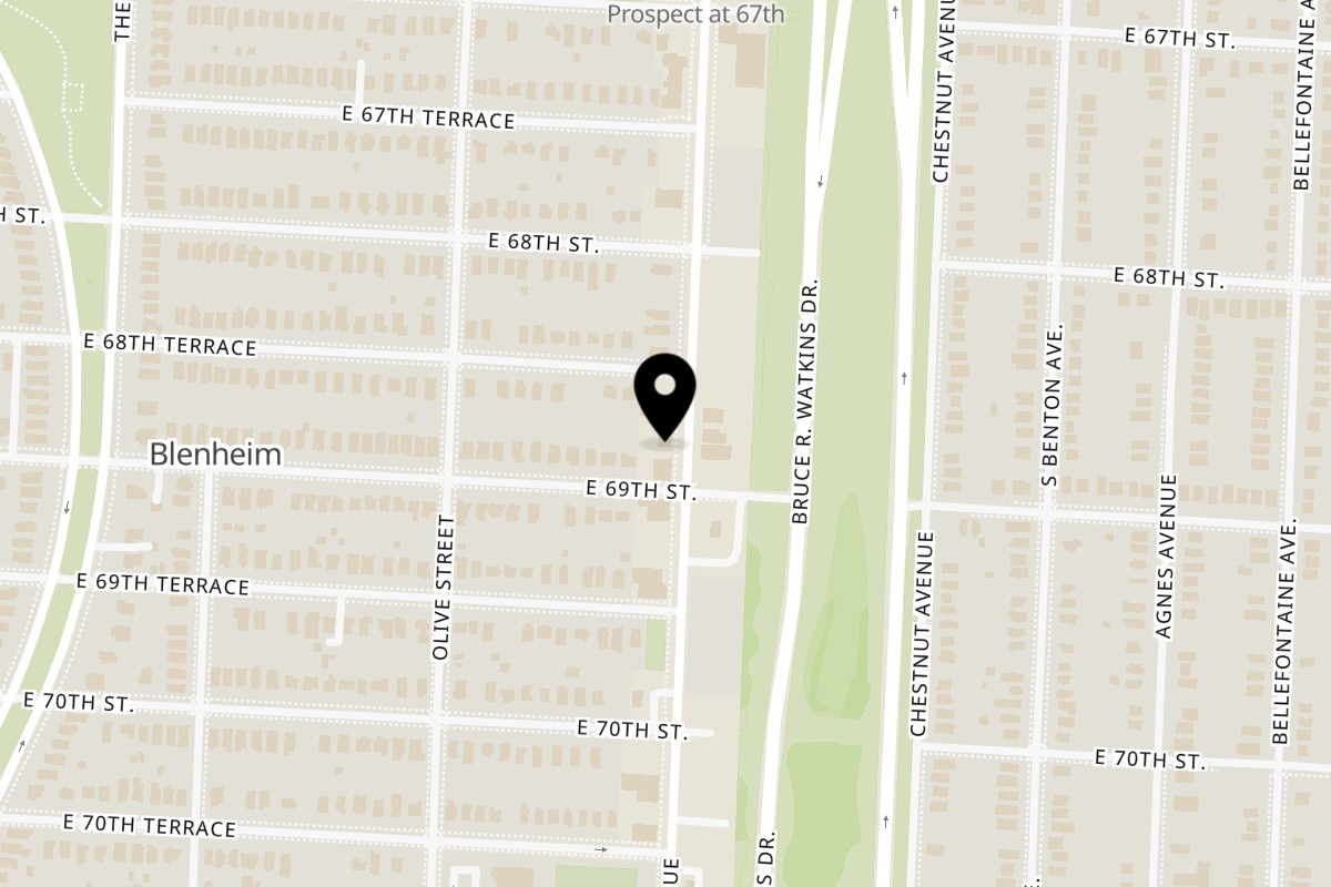 Map showing the location of 68th Street Hut on 6836 Prospect Ave in Kansas City